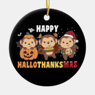 Happy Hallothanksmas Monkey Christmas Monkeys Cera Ceramic Ornament