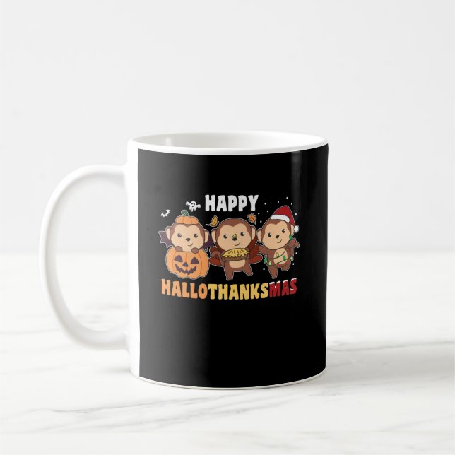 Happy Hallothanksmas Monkey Christmas Monkeys Coffee Mug (Left)