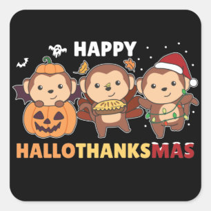 Happy Hallothanksmas Monkey Christmas Monkeys Squa Square Sticker