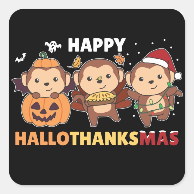 Happy Hallothanksmas Monkey Christmas Monkeys Squa Square Sticker (Front)