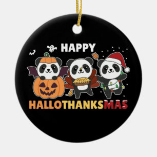 Happy Hallothanksmas Pandas Christmas Panda Cerami Ceramic Ornament