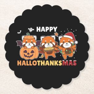 Happy Hallothanksmas Pandas Christmas Red Panda Paper Coaster