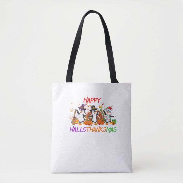 Happy Hallothanksmas Penguin Halloween Thanksgivin Tote Bag (Front)