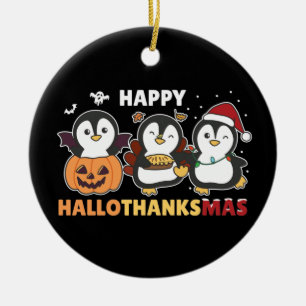Happy Hallothanksmas Penguins Christmas Penguin Ce Ceramic Ornament