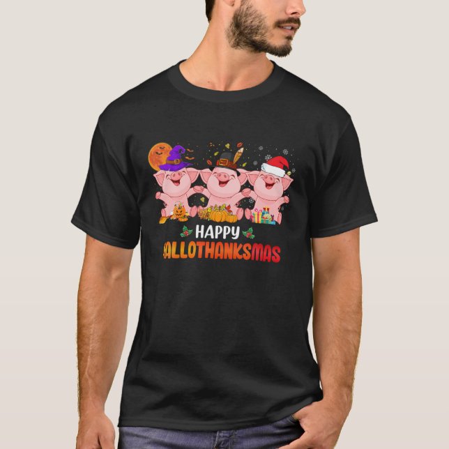 Happy Hallothanksmas Pig Lover Halloween Thanksgiv T-Shirt (Front)