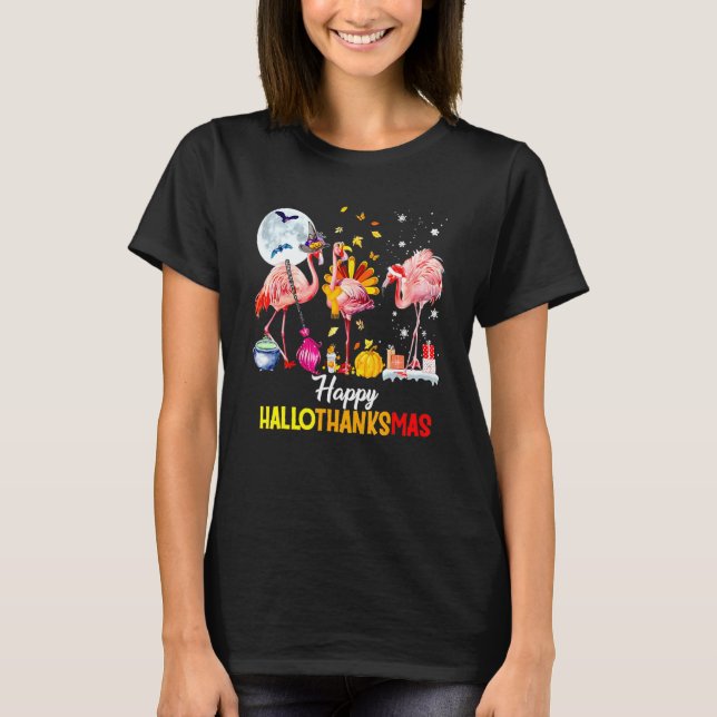 Happy Hallothanksmas Pink Flamingo Witch Santa Hat T-Shirt (Front)