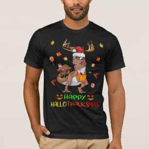 happy Hallothanksmas Pumpkin Dinosaur Turkey santa T-Shirt
