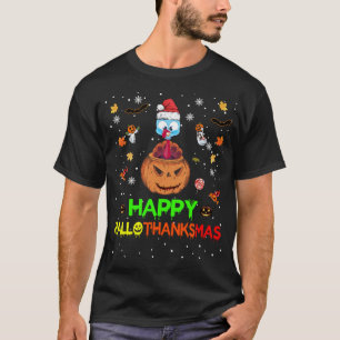 Happy Hallothanksmas Pumpkin Turkey Santa Hats Fun T-Shirt
