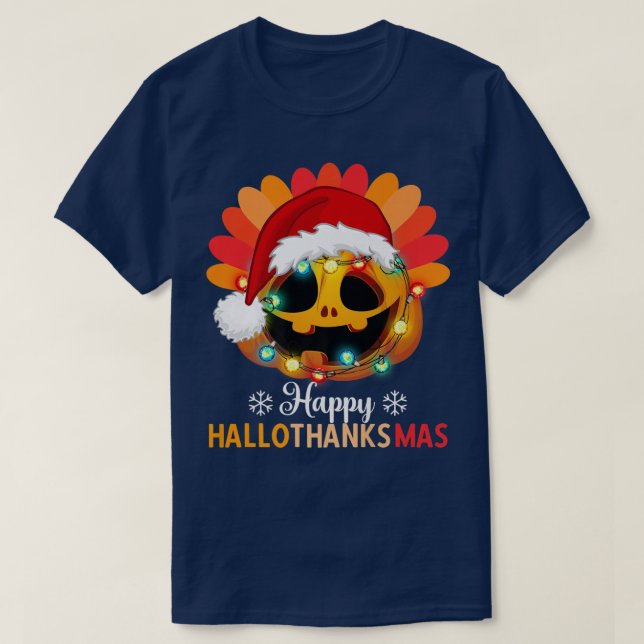 Happy Hallothanksmas Pumpkin with Xmas Lights & Sa T-Shirt (Design Front)