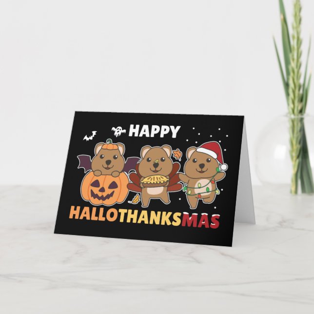 Happy Hallothanksmas Quokkas Christmas Quokka Holi Holiday Card (Front)