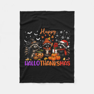 Happy Hallothanksmas Racoon Halloween Thanksgiving Fleece Blanket