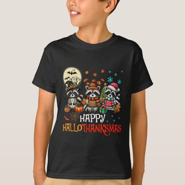 Happy Hallothanksmas Racoon Lover Halloween Merry T-Shirt (Front)