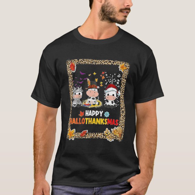 Happy Hallothanksmas Santa Cow Halloween Thanksgiv T-Shirt (Front)