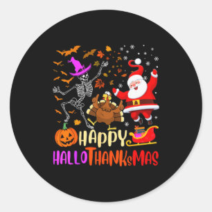 Happy Hallothanksmas Skeleton Pumpkin Turkey Santa Classic Round Sticker