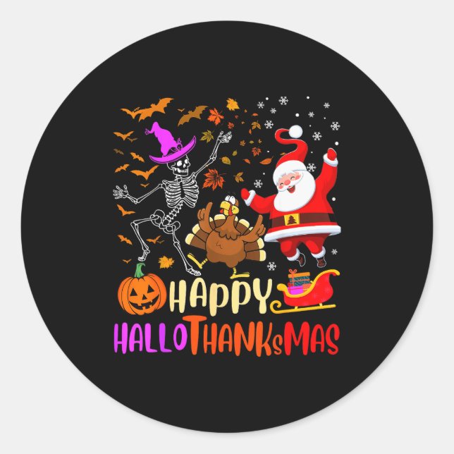 Happy Hallothanksmas Skeleton Pumpkin Turkey Santa Classic Round Sticker (Front)