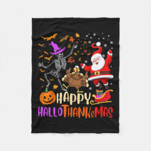Happy Hallothanksmas Skeleton Pumpkin Turkey Santa Fleece Blanket