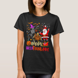 Happy Hallothanksmas Skeleton Pumpkin Turkey Santa T-Shirt