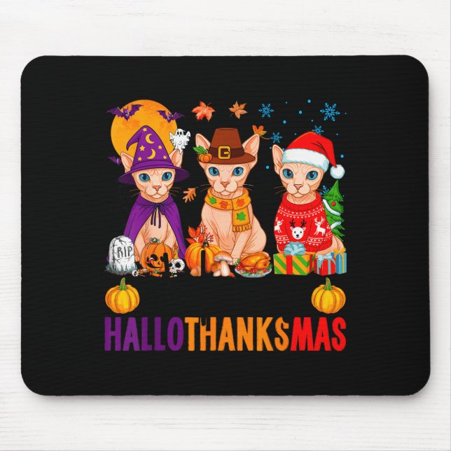 Happy Hallothanksmas Sphynx Cats Halloween Thanksg Mouse Pad (Front)