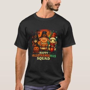 Happy HalloThanksMas Squad Cat Pig Sheep Design T-Shirt