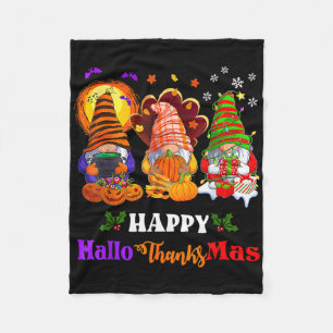 Happy Hallothanksmas Three Gnomes Halloween Merry  Fleece Blanket