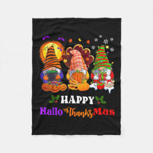 Happy Hallothanksmas Three Gnomes Halloween Merry  Fleece Blanket