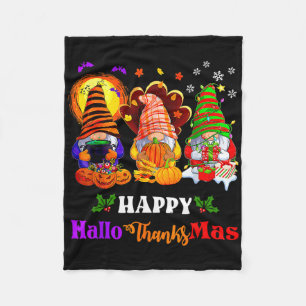 Happy Hallothanksmas Three Gnomes Halloween Merry Fleece Blanket