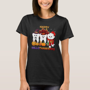 Happy Hallothanksmas Tooth Dentist Leaf Witch Sant T-Shirt