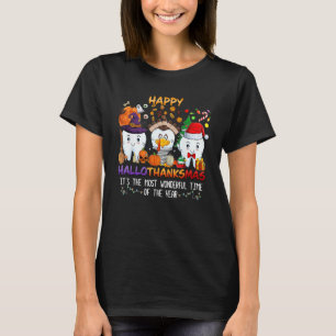Happy Hallothanksmas Tooth Dentist Moon Leaf Witch T-Shirt