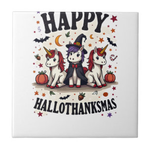Happy Hallothanksmas Unicorn Vintage Holiday Mashu Ceramic Tile