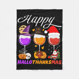 Happy Hallothanksmas Wine Gl Halloween Thanksgivin Fleece Blanket