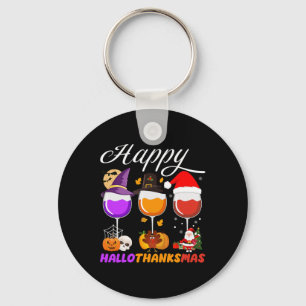 Happy Hallothanksmas Wine Gl Halloween Thanksgivin Key Ring