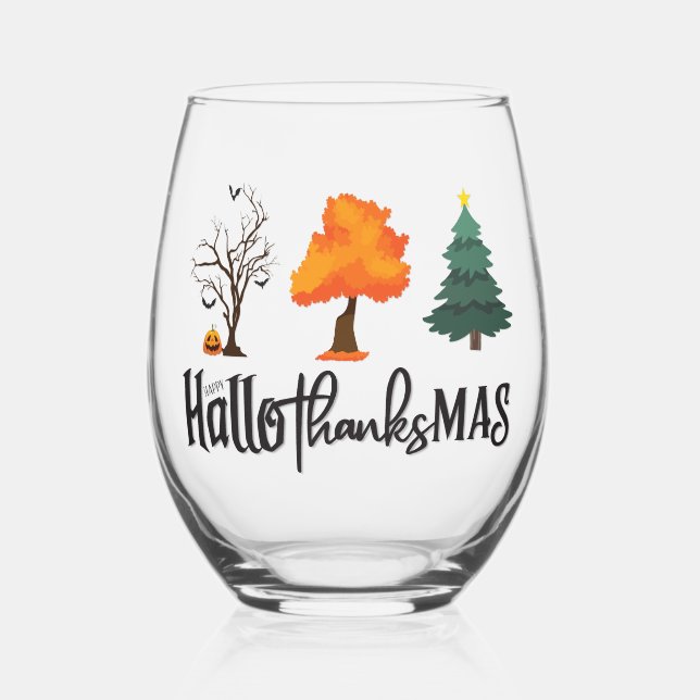 Happy HalloThanksMas Wine Glass (Front)