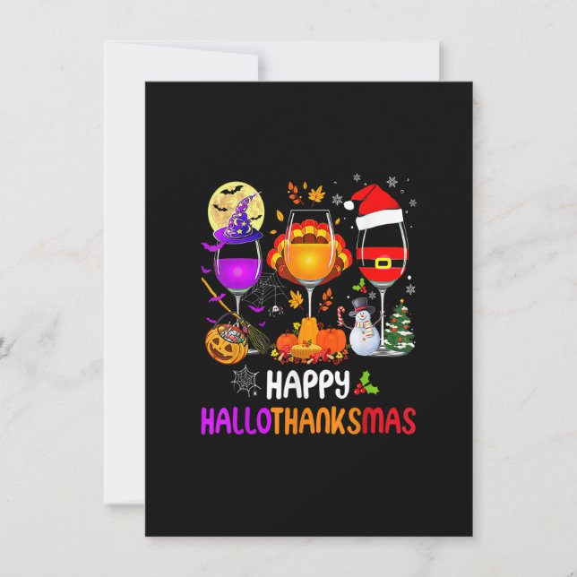 Happy Hallothanksmas Wine Glasses Halloween Thanks Invitation (Front)