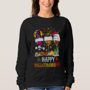 Happy Hallothanksmas Wine Glasses Witch Santa Hat Sweatshirt