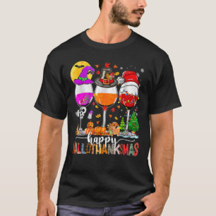 Happy Hallothanksmas Wine Glasses Witch Santa Hat  T-Shirt