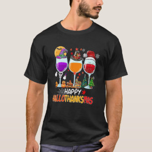 Happy Hallothanksmas Wine Glasses Witch Santa Hat  T-Shirt