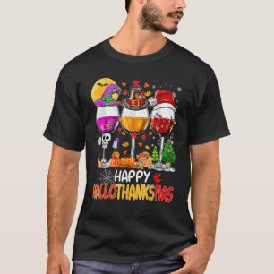 Happy Hallothanksmas Wine Glasses Witch Santa Hat T-Shirt