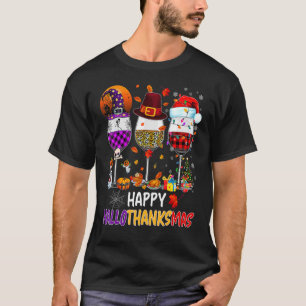 Happy Hallothanksmas Wine Glasses Witch Santa Hat T-Shirt