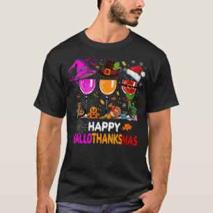Happy Hallothanksmas Wine Glasses Witch Santa Hat T-Shirt
