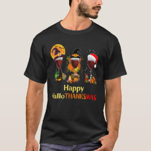 Happy Hallothanksmas Wine Glasses Witch Santa Hat  T-Shirt
