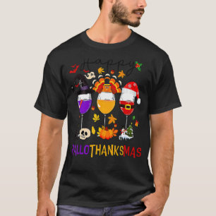 Happy Hallothanksmas Wine Glasses Witch Santa Hat T-Shirt
