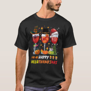 Happy Hallothanksmas Wine Glasses Witch Santa Hat T-Shirt