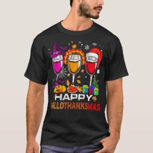 Happy Hallothanksmas Wine Glasses Witch Santa Hat  T-Shirt