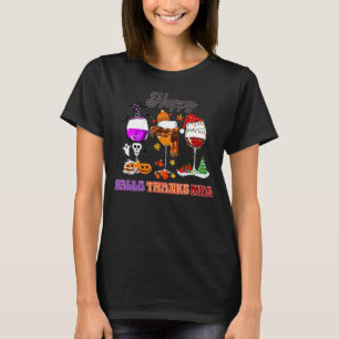 Happy Hallothanksmas Wine Glasses Witch Santa Hat T-Shirt