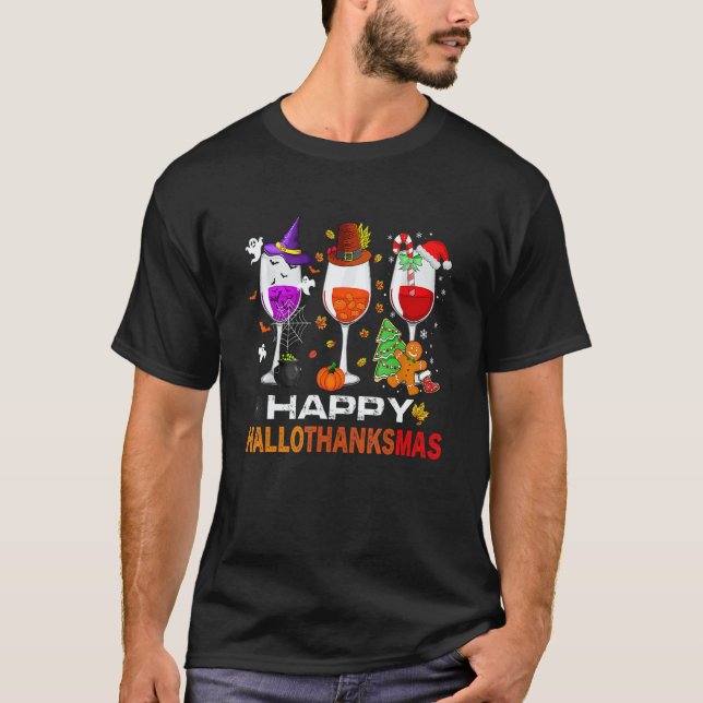 Happy Hallothanksmas Wine Glasses Witch Santa Hat  T-Shirt (Front)