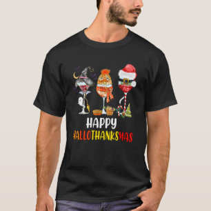 Happy Hallothanksmas Wine Glasses Witch Santa Hat  T-Shirt