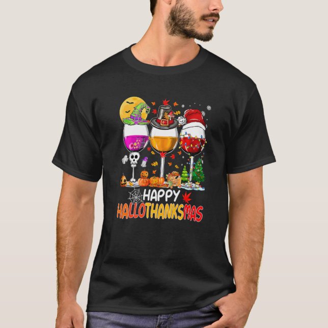 Happy Hallothanksmas Wine Glasses Witch Santa Hat  T-Shirt (Front)