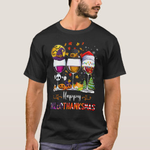 Happy Hallothanksmas Wine Glasses Witch Santa Hat T-Shirt