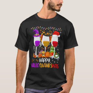 Happy Hallothanksmas Wine Glasses Witch Santa Hat T-Shirt