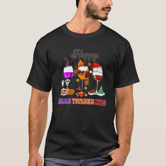 Happy Hallothanksmas Wine Glasses Witch Santa Hat  T-Shirt (Front)